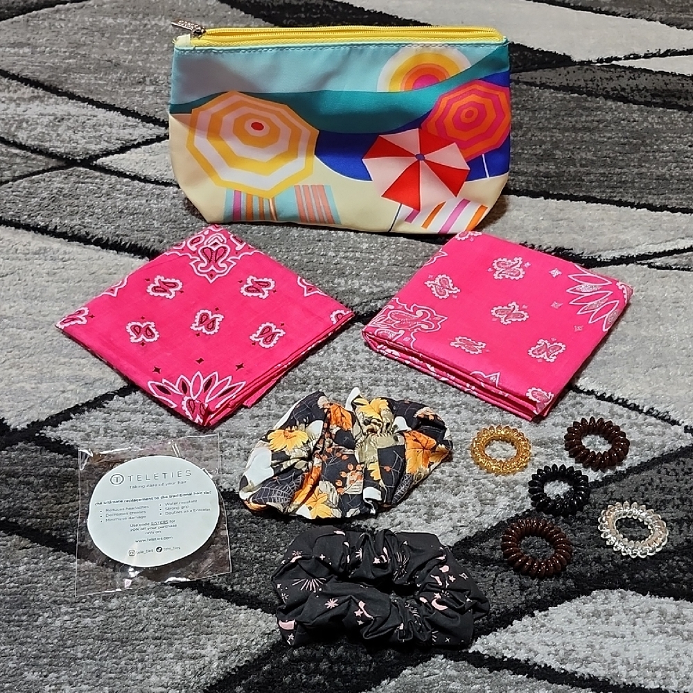 TELETIES- SPIRAL HAIR TIES- SCRUNCHIES & PINK PAISLEY COTTON BANDANAS BUNDLE